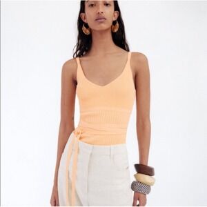 ZARA Peach Ribbed Knit Wrap Tank Top Balletcore Apricot Tie Waist Camisole L